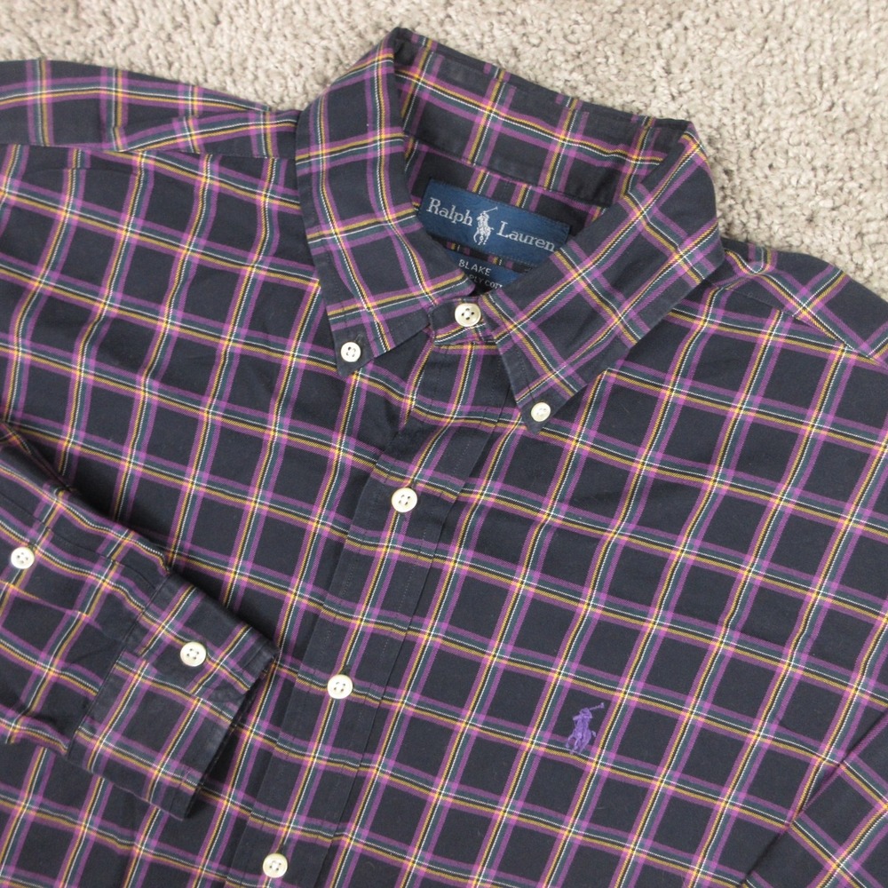 Vintage Polo Ralph Lauren Shirt Mens Medium Black Purple Plaid Blake Button Up
